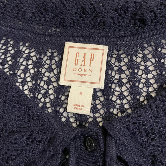 GAP x Doen Linen-Blend Cardigan in Navy Blue Open Knit Sweater Size Medium - Picture 6 of 9